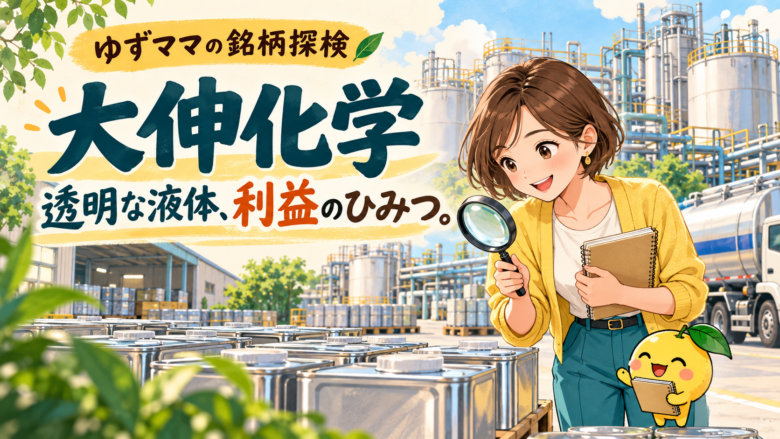 大伸化学の透明な溶剤と利益の仕組みを解説するゆずママのイラスト