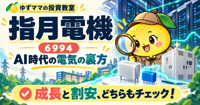 ゆずママの投資教室。指月電機6994、AI時代の電気の裏方。成長と割安を確かめる銘柄研究。 機器やデータセンターは説明用のイラストで、実製品の写真ではありません。